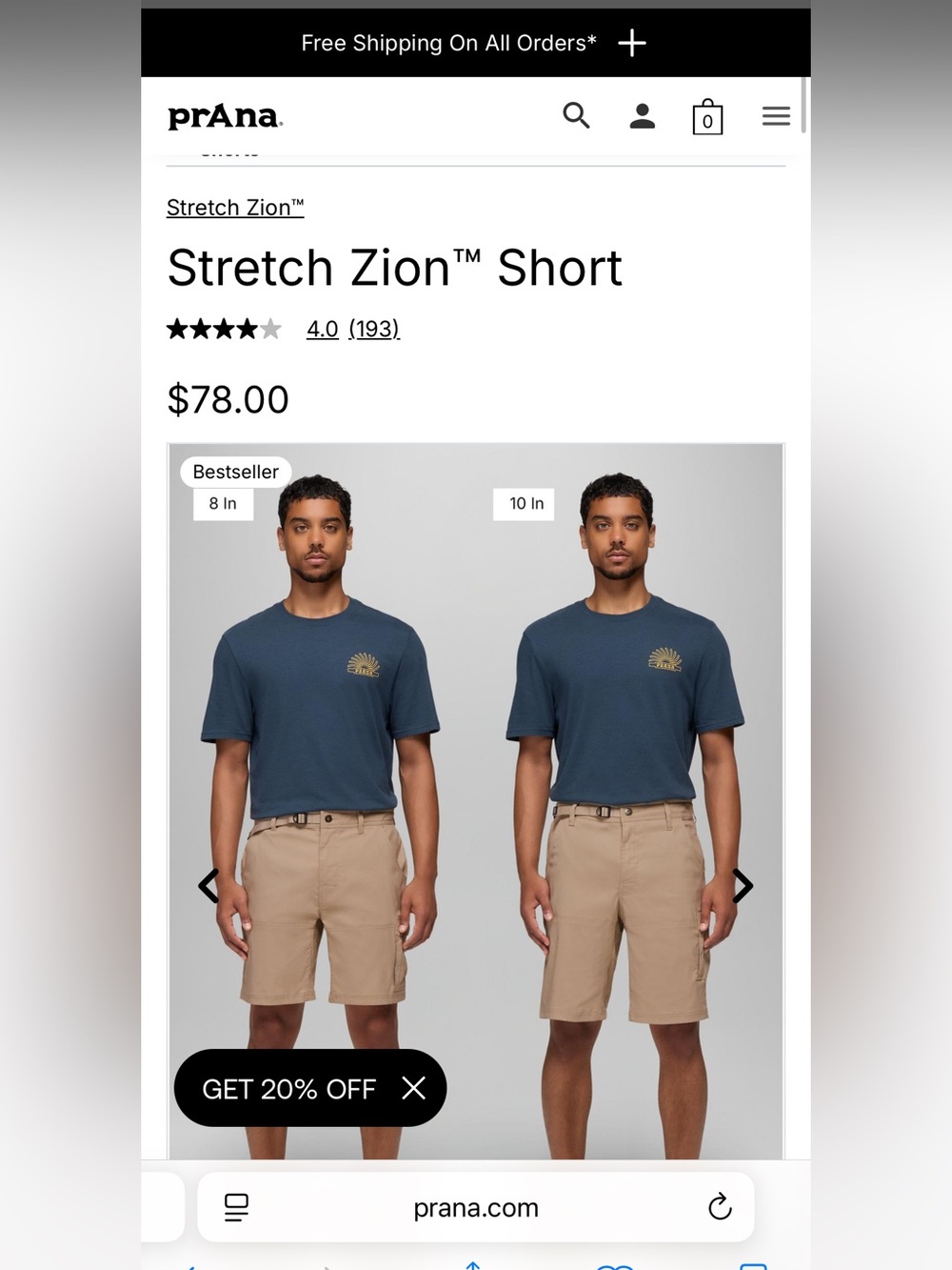 Prana Men's Stretch Zion Shorts in Khaki Tan with Built-in Belt